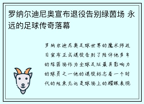 罗纳尔迪尼奥宣布退役告别绿茵场 永远的足球传奇落幕